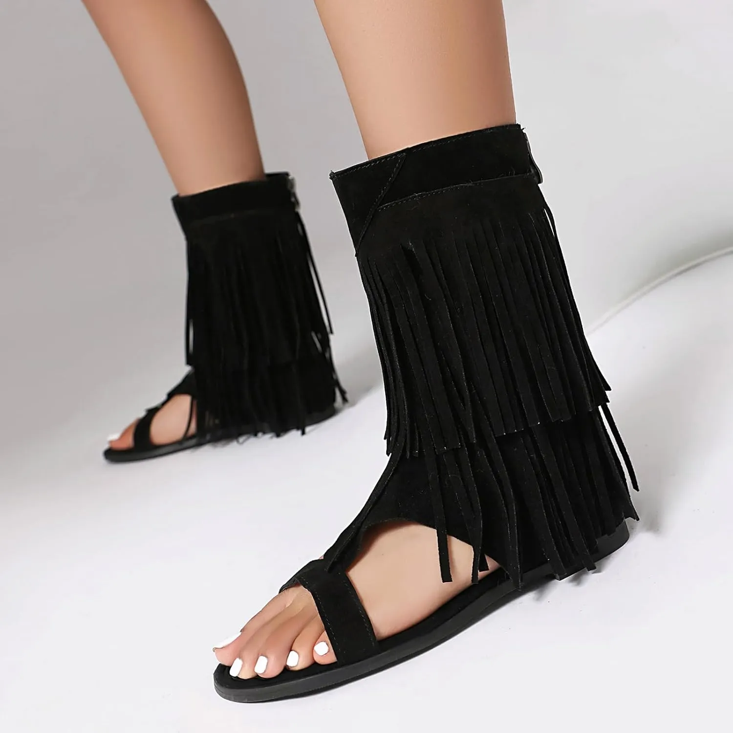Womens Summer Tassel Mid Calf Boots Flat Roman Gladiator Sandals US3-US13.5