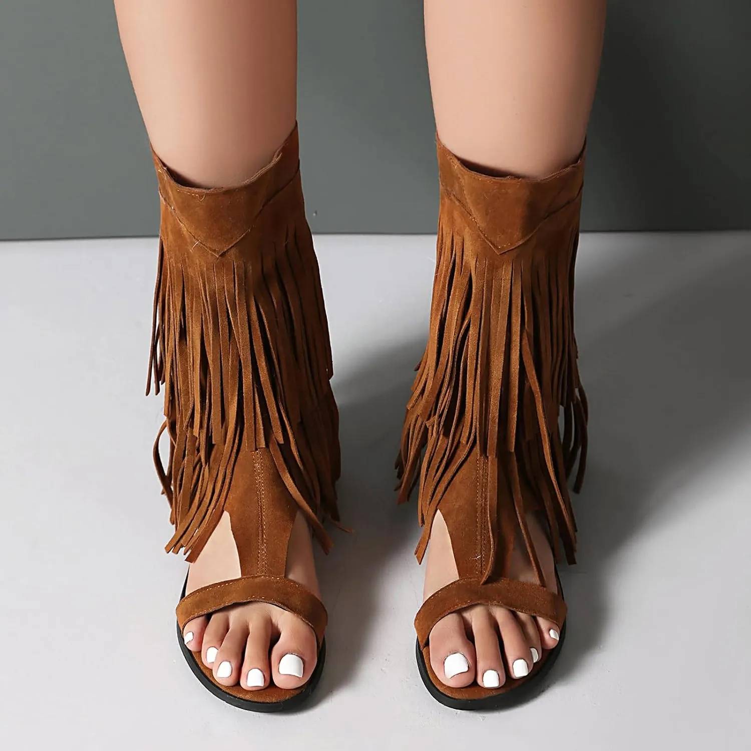 Womens Summer Tassel Mid Calf Boots Flat Roman Gladiator Sandals US3-US13.5