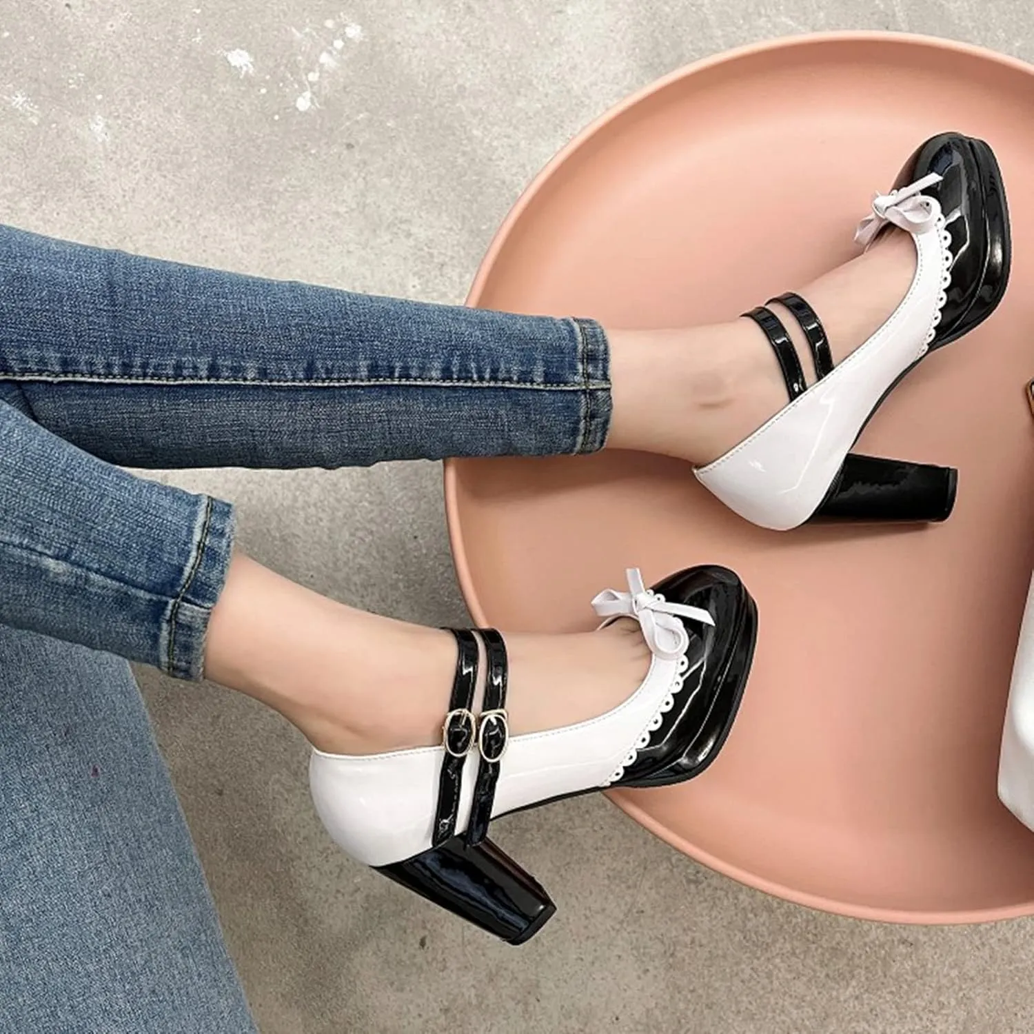 Women's Sweet Bow High Heel Dress Shoes Platform Ankle Strap Two Tone Round Toe Wedding Party Pumps
