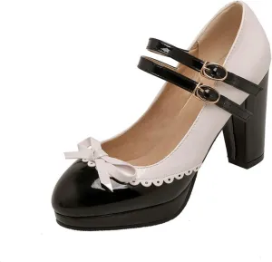 Women's Sweet Bow High Heel Dress Shoes Platform Ankle Strap Two Tone Round Toe Wedding Party Pumps