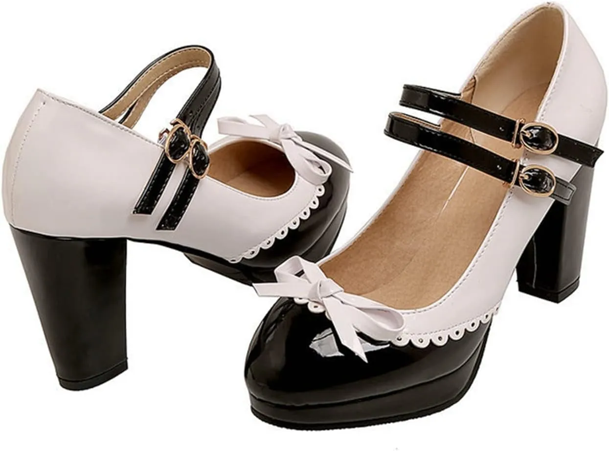 Women's Sweet Bow High Heel Dress Shoes Platform Ankle Strap Two Tone Round Toe Wedding Party Pumps