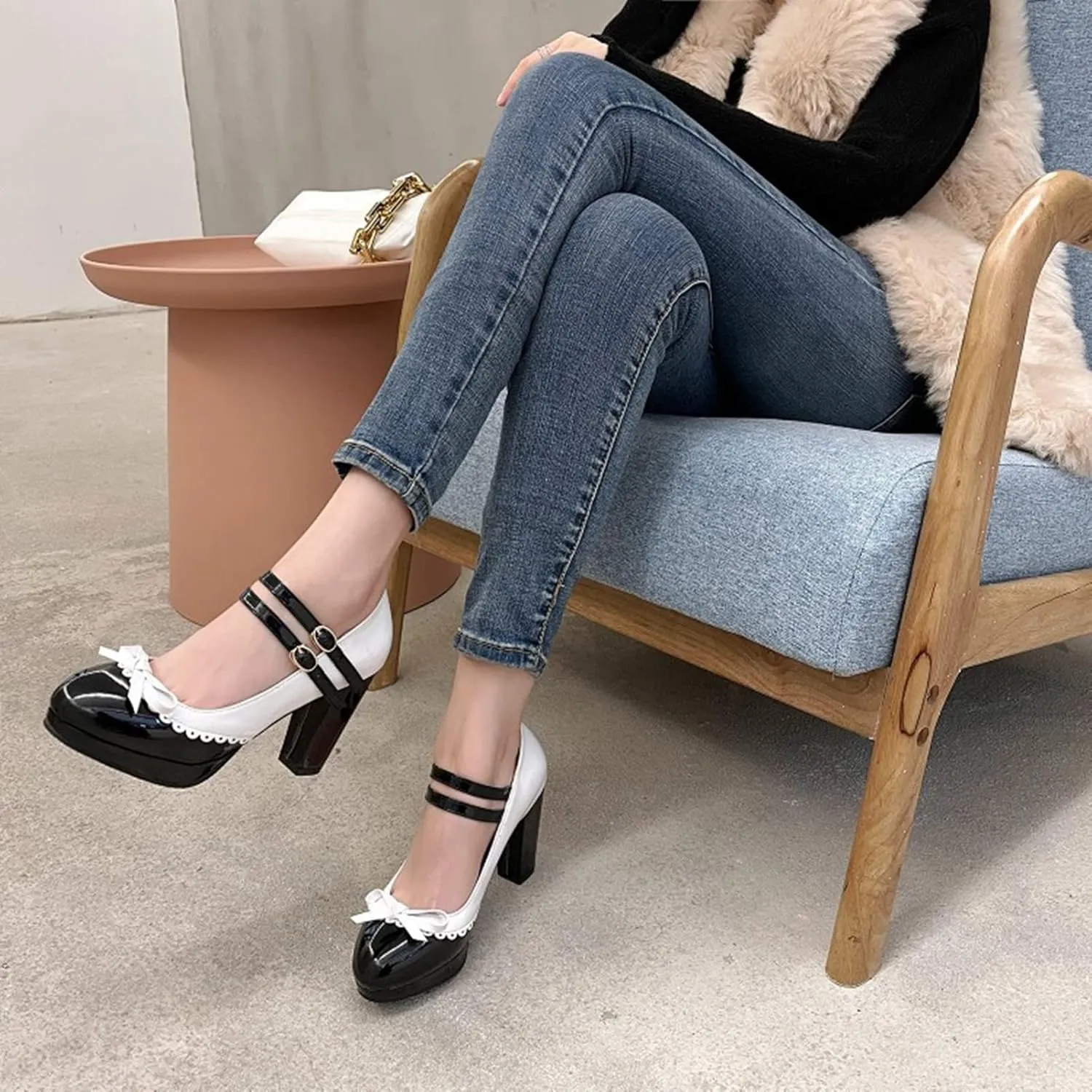 Women's Sweet Bow High Heel Dress Shoes Platform Ankle Strap Two Tone Round Toe Wedding Party Pumps