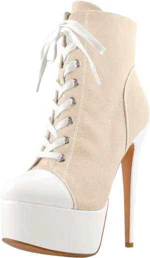Women's Tie Up Platform High Heels Zip Up Ankle Boots Canvas Fashion Sneakers