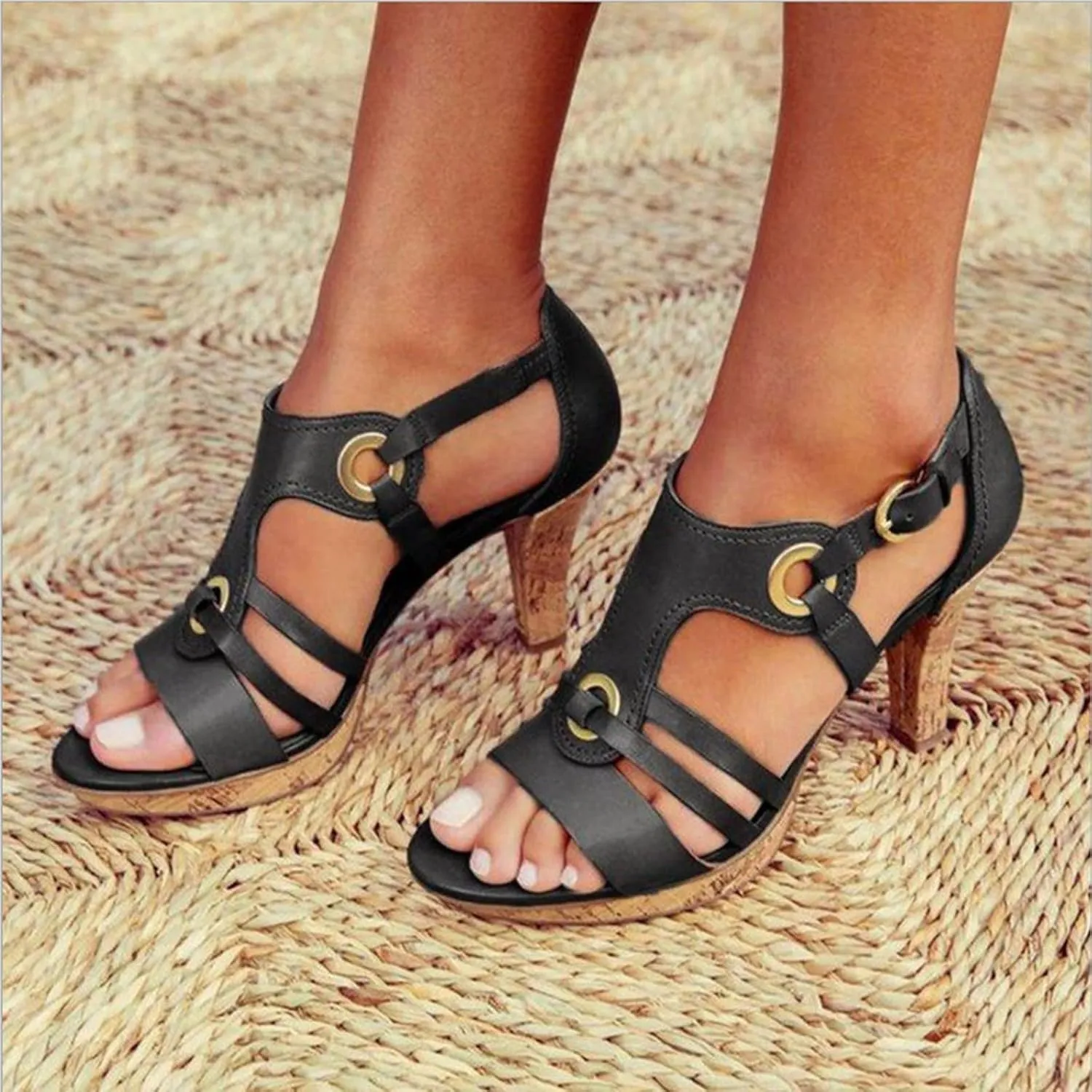 Womens Vintage Thick Heel Sandals Summer Straps Hollow Open Toe Metal Buckle High Heels Sandalias Comfortable Casual Ladies Outdoor Shoes