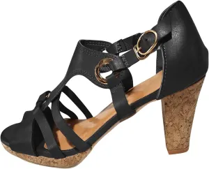 Womens Vintage Thick Heel Sandals Summer Straps Hollow Open Toe Metal Buckle High Heels Sandalias Comfortable Casual Ladies Outdoor Shoes