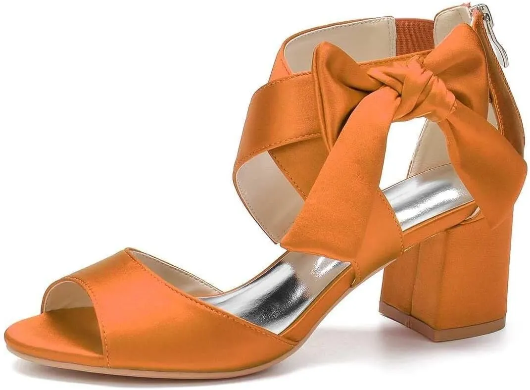 Womens Wedding Shoes Women's Low Block Heel Sandals Satin Bridal Chunky Ankle Strap Zipper Wedding Dress Shoes Low Heel Pump(Orange,5)