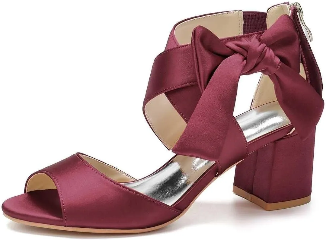 Womens Wedding Shoes Women's Low Block Heel Sandals Satin Bridal Chunky Ankle Strap Zipper Wedding Dress Shoes Low Heel Pump(Wine red,5)