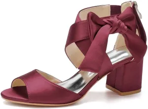 Womens Wedding Shoes Women's Low Block Heel Sandals Satin Bridal Chunky Ankle Strap Zipper Wedding Dress Shoes Low Heel Pump(Wine red,5)
