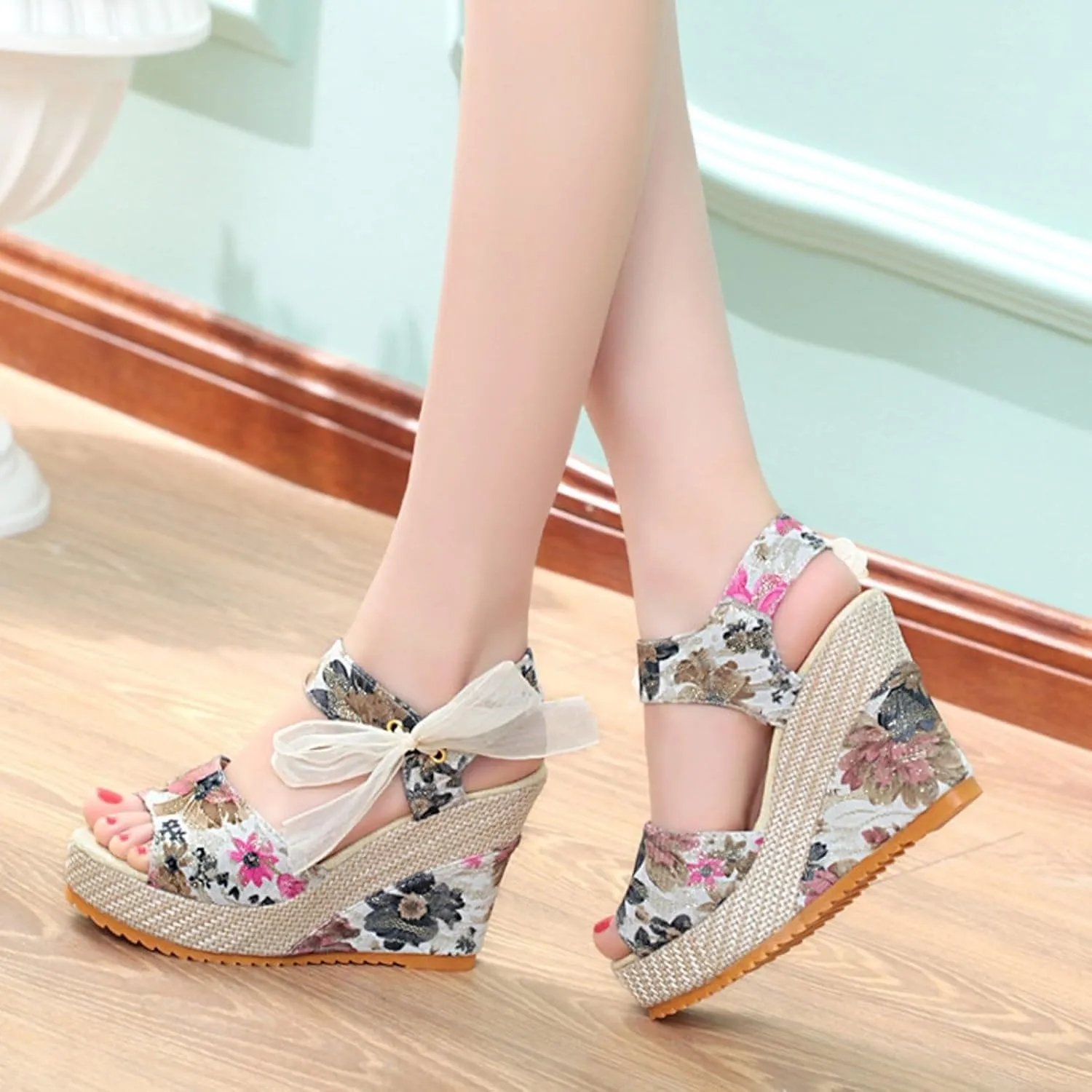 Women's Wedge Fish Mouth Hollow Sandals Thick Soled Flower Print Fashion Flat Leather Sandals for Women Ladies Summer