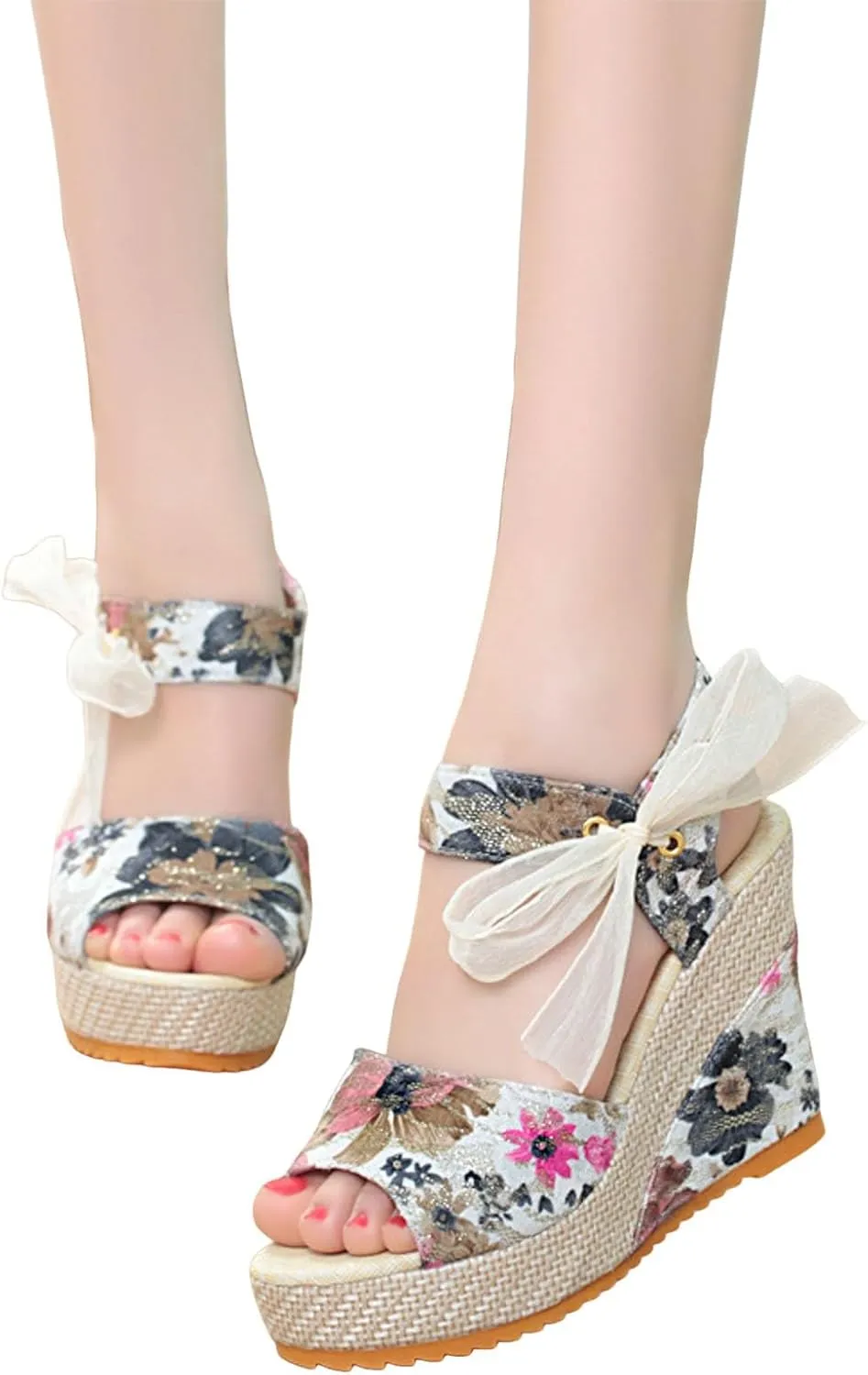 Women's Wedge Fish Mouth Hollow Sandals Thick Soled Flower Print Fashion Flat Leather Sandals for Women Ladies Summer