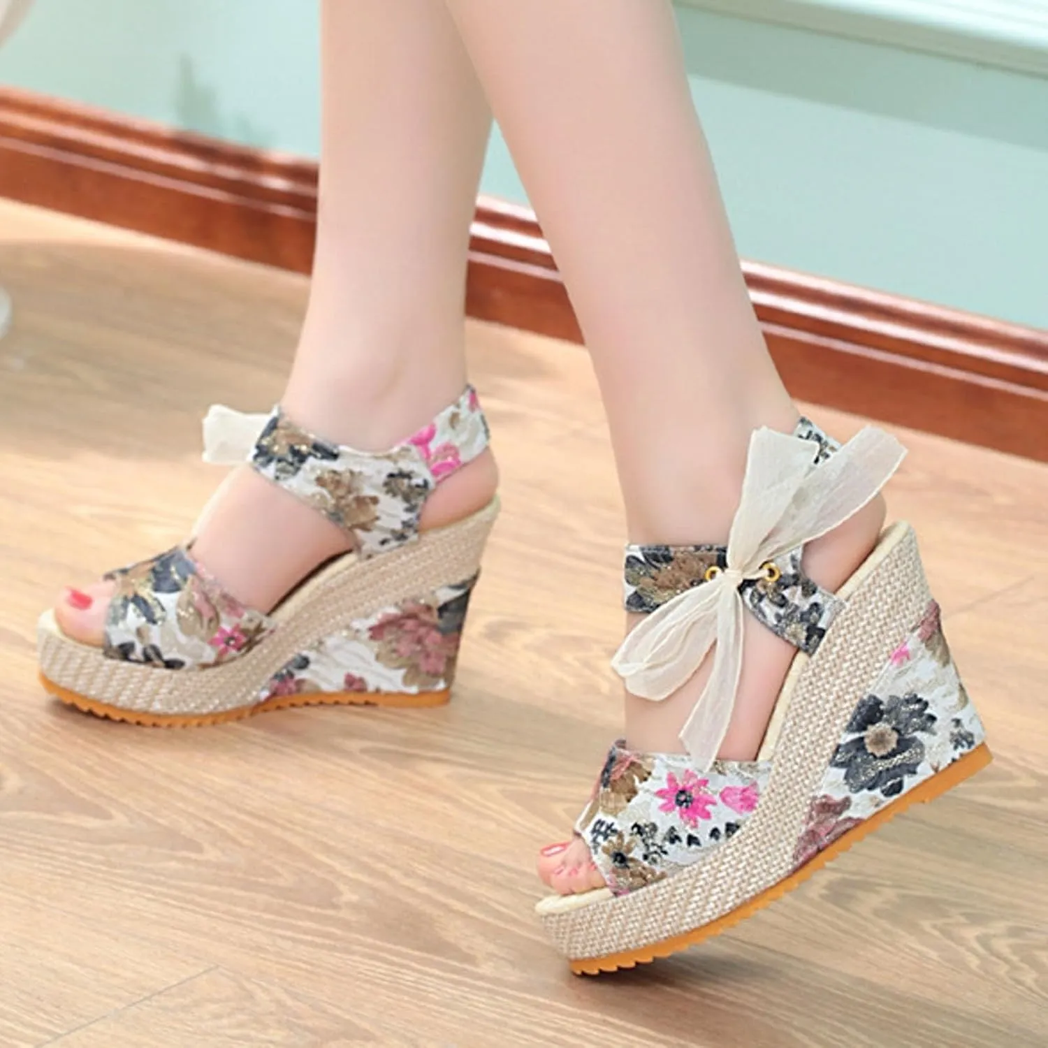 Women's Wedge Fish Mouth Hollow Sandals Thick Soled Flower Print Fashion Flat Leather Sandals for Women Ladies Summer
