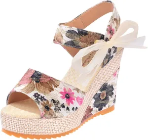 Women's Wedge Fish Mouth Hollow Sandals Thick Soled Flower Print Fashion Flat Leather Sandals for Women Ladies Summer