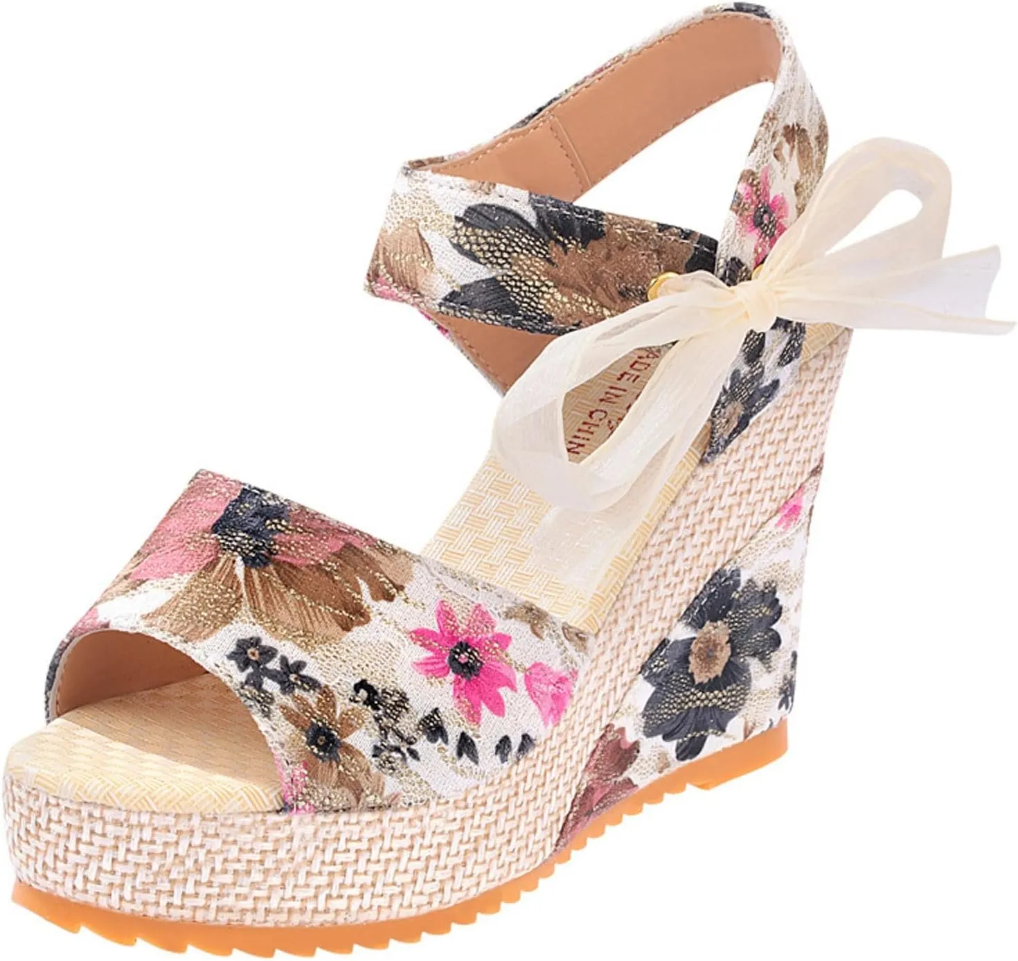 Women's Wedge Fish Mouth Hollow Sandals Thick Soled Flower Print Fashion Flat Leather Sandals for Women Ladies Summer