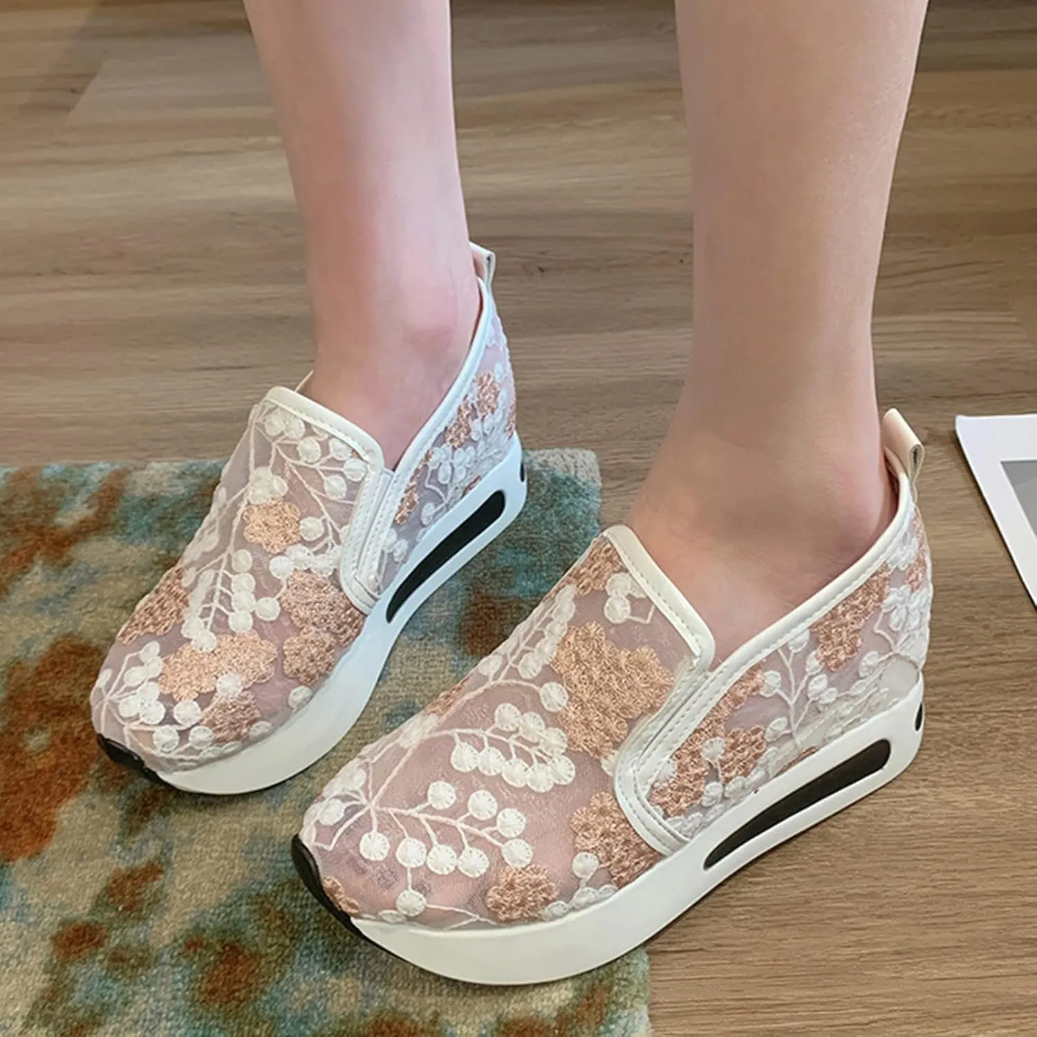 Womenyiaor Women's Fashion Sneakers Dressy Floral Embroidery Breathable Sheer Mesh Sneakers Platform Wedge Sneakers Casual Lace up Walking Shoes (C-Pink, 6.5)