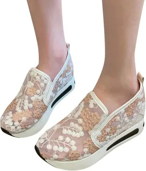 Womenyiaor Women's Fashion Sneakers Dressy Floral Embroidery Breathable Sheer Mesh Sneakers Platform Wedge Sneakers Casual Lace up Walking Shoes (C-Pink, 6.5)