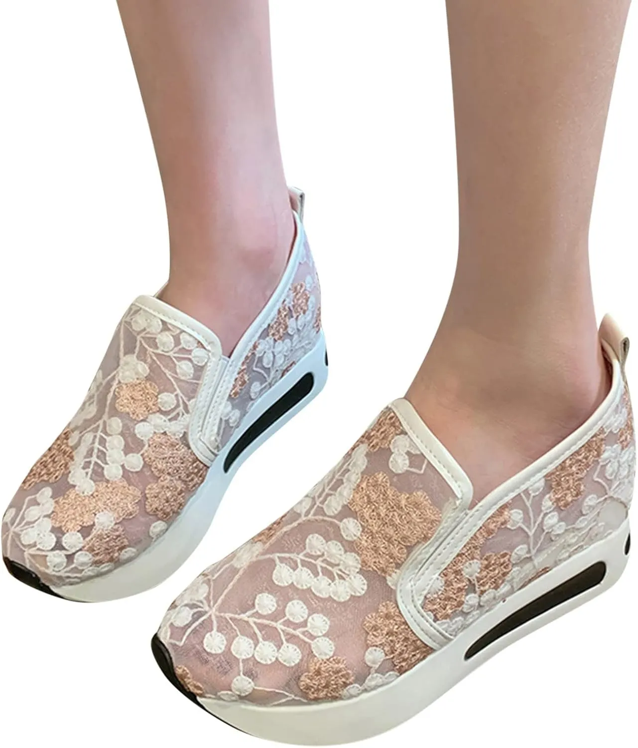 Womenyiaor Women's Fashion Sneakers Dressy Floral Embroidery Breathable Sheer Mesh Sneakers Platform Wedge Sneakers Casual Lace up Walking Shoes (C-Pink, 6.5)