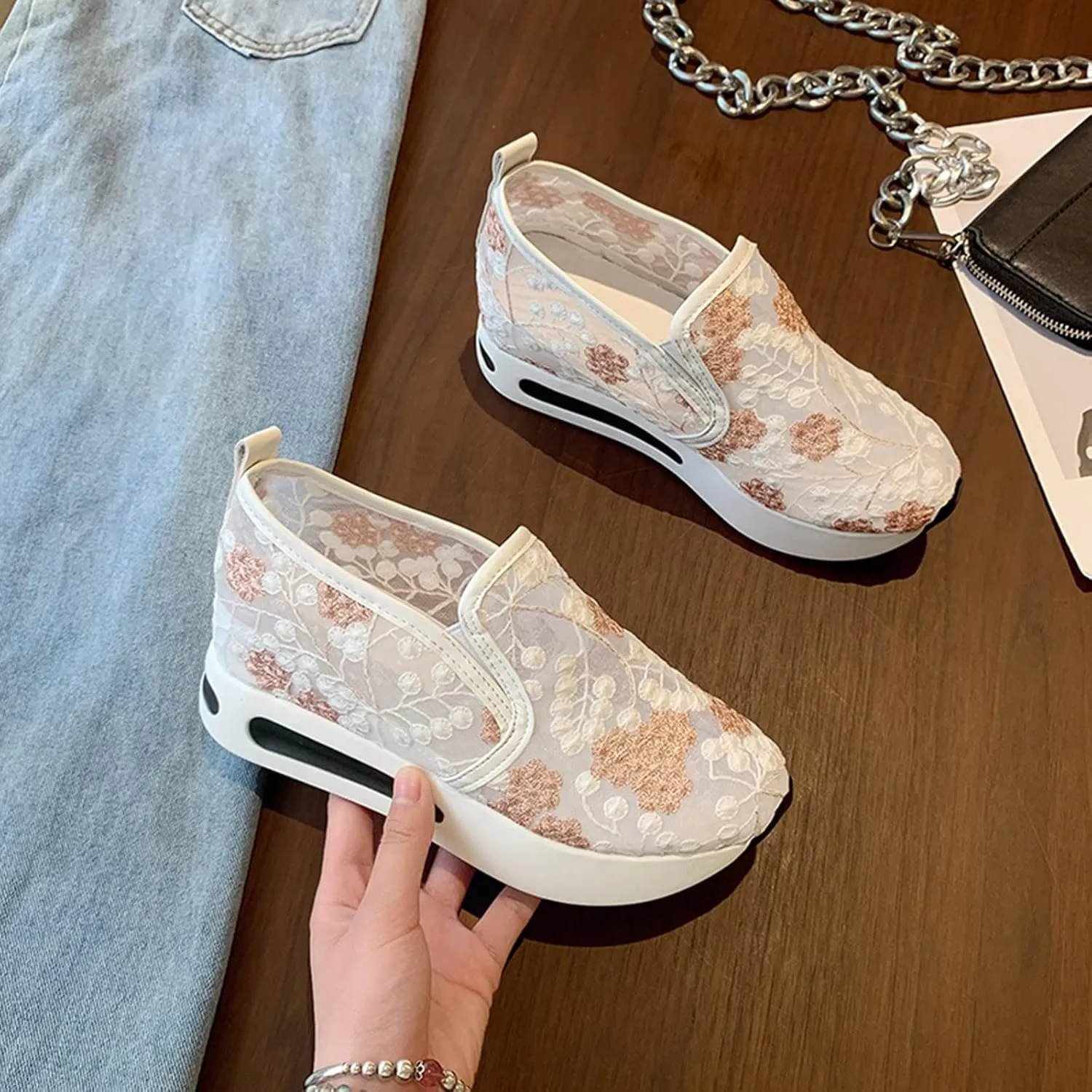 Womenyiaor Women's Fashion Sneakers Dressy Floral Embroidery Breathable Sheer Mesh Sneakers Platform Wedge Sneakers Casual Lace up Walking Shoes (C-Pink, 6.5)
