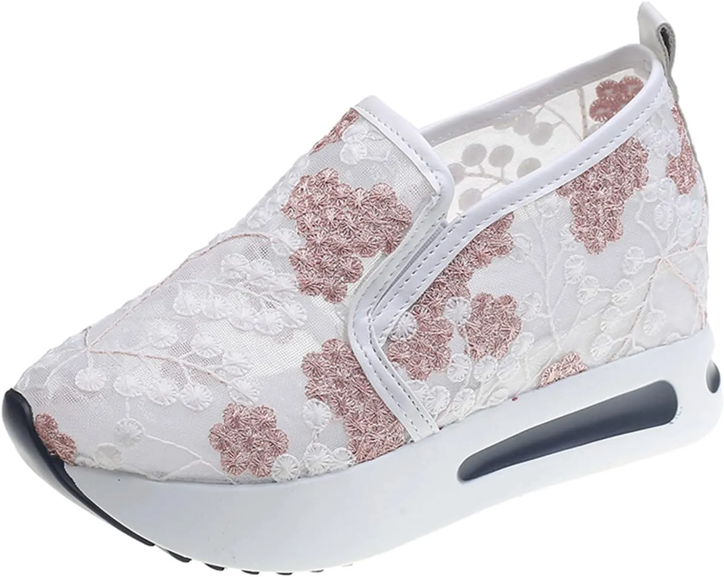 Womenyiaor Women's Fashion Sneakers Dressy Floral Embroidery Breathable Sheer Mesh Sneakers Platform Wedge Sneakers Casual Lace up Walking Shoes (C-Pink, 6.5)
