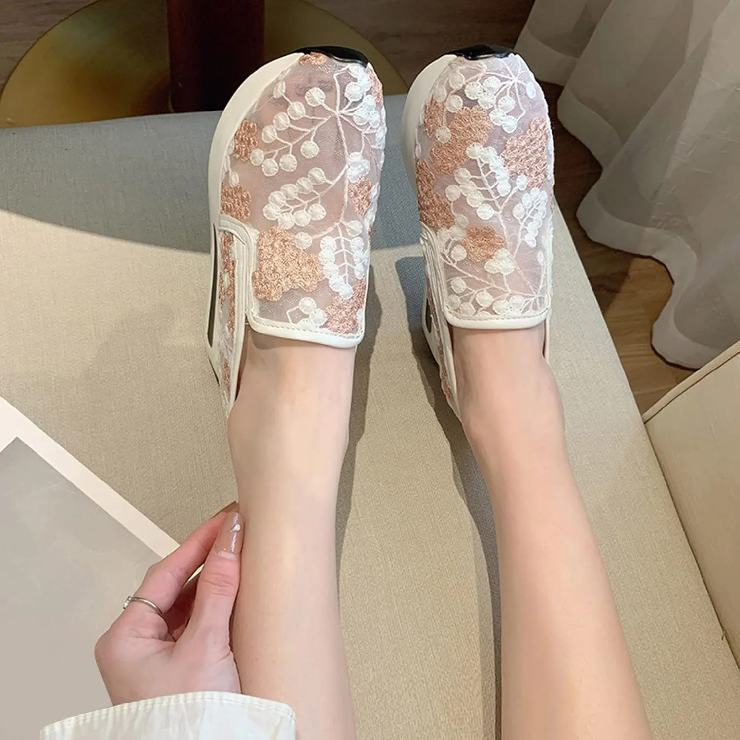 Womenyiaor Women's Fashion Sneakers Dressy Floral Embroidery Breathable Sheer Mesh Sneakers Platform Wedge Sneakers Casual Lace up Walking Shoes (C-Pink, 6.5)