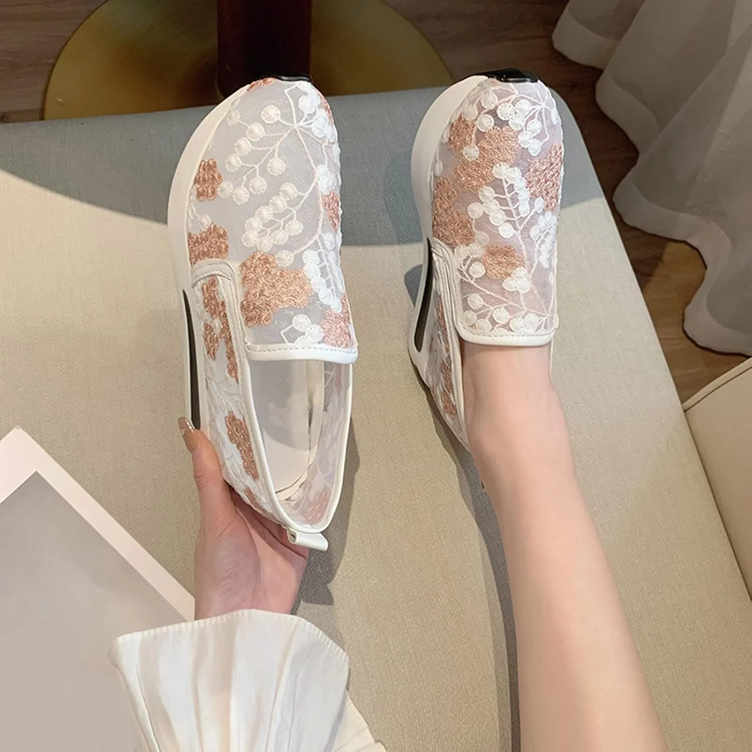 Womenyiaor Women's Fashion Sneakers Dressy Floral Embroidery Breathable Sheer Mesh Sneakers Platform Wedge Sneakers Casual Lace up Walking Shoes (C-Pink, 6.5)