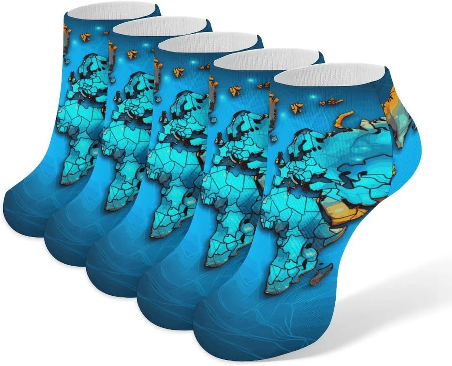 World Map Ankle Socks for Men & Women, 5 Pairs Breathable Soft Low Cut Socks, Stretch Sweat Wicking Sox