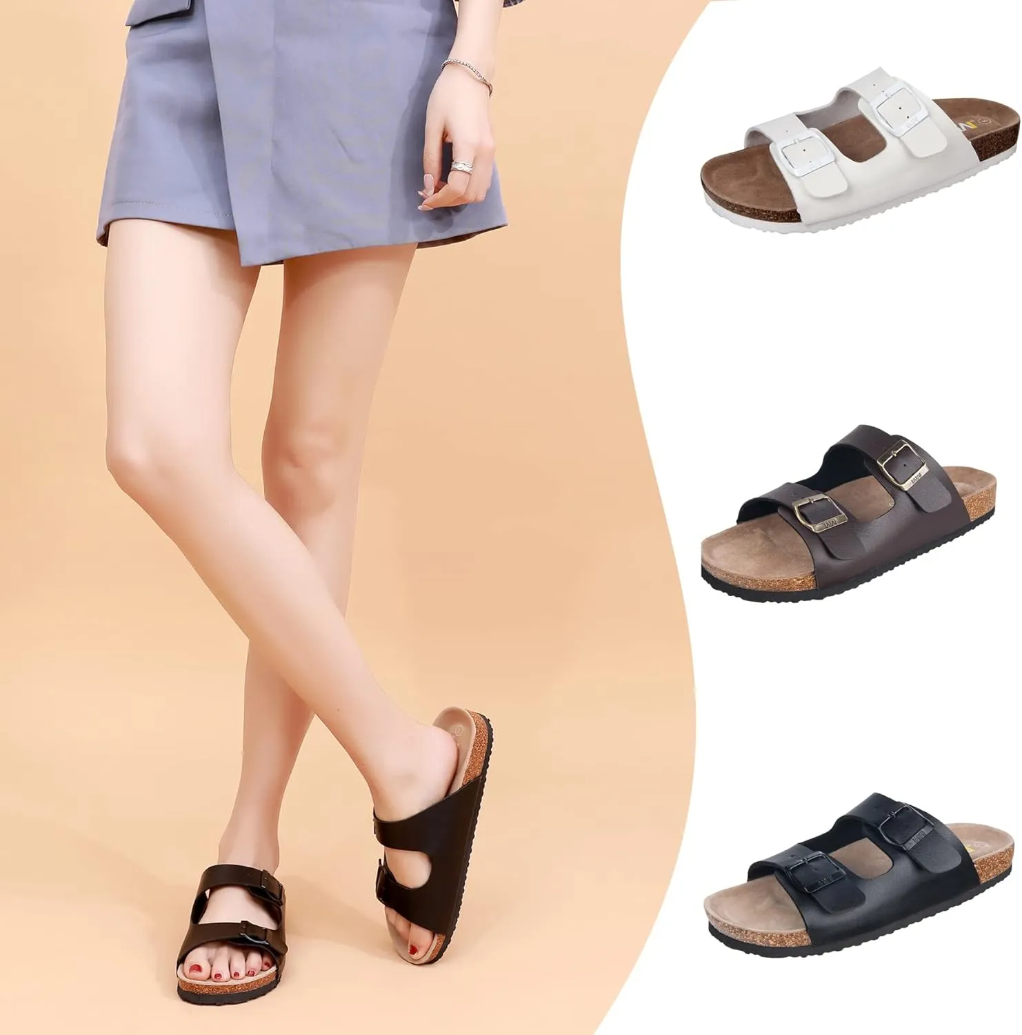 WTW Cork Footbed Womens Sandals Genuine Leather Insole Slides Sandals for Women Adjustable Buckle Summer Sandals Outdoor Walking