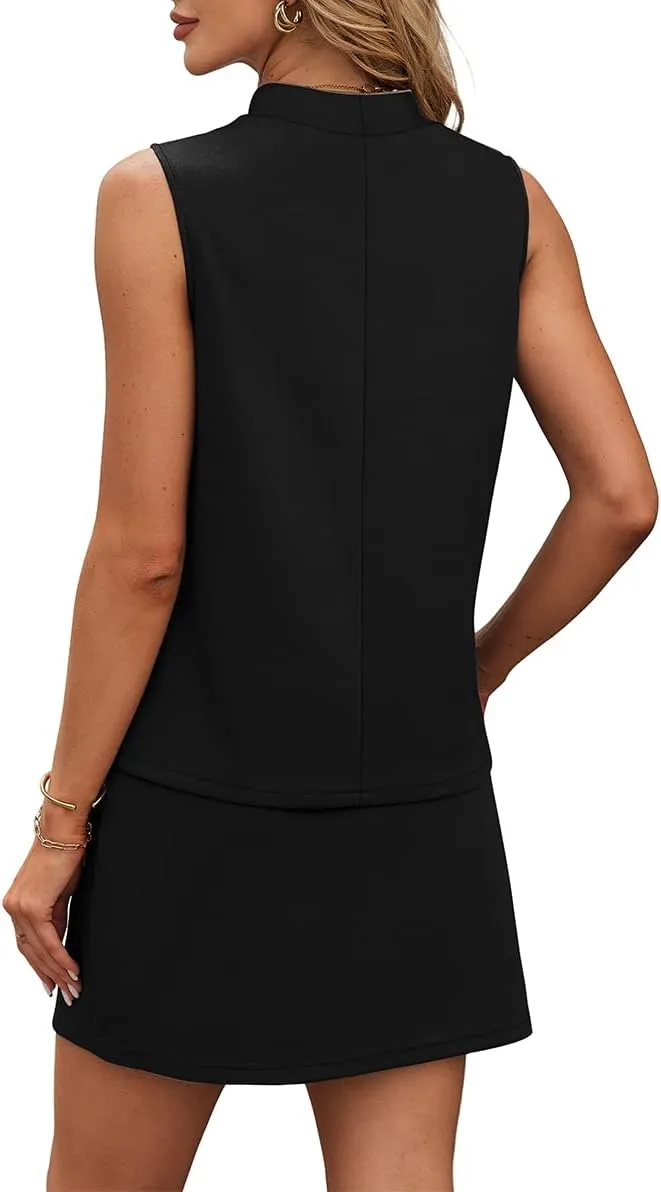 XIEERDUO Two Piece Skirt Sets for Women Summer Beach Vacation Outfits Mock Neck Tops Tennis Skirt Lounge Matching Sets