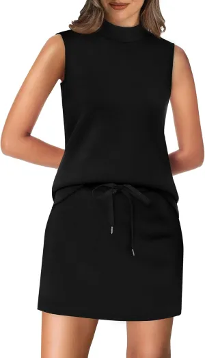 XIEERDUO Two Piece Skirt Sets for Women Summer Beach Vacation Outfits Mock Neck Tops Tennis Skirt Lounge Matching Sets