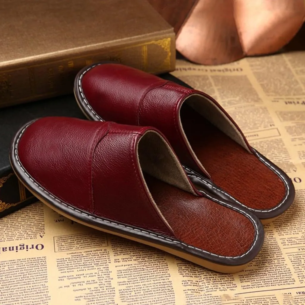 XUEMML Leather Slippers For Men And Women Indoor Outdoor Flat Slide Sandals House Slip-on Shoes For Office Home Bedroom Living Room Guests Visitor
