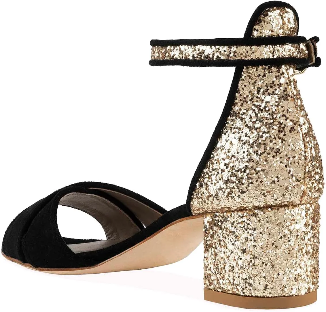 XYD Women's Open Toe Glitter Low Block Chunky Heels Ankle Strap Dress Pump Shoes for Summer Casual Wedding