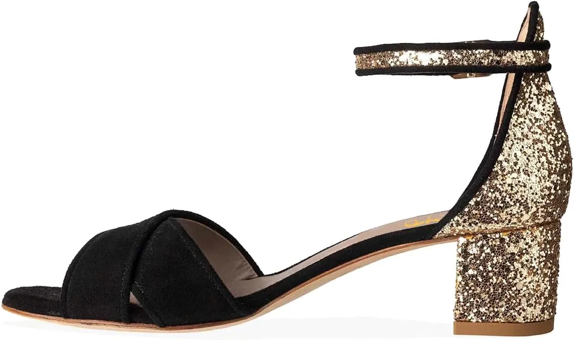 XYD Women's Open Toe Glitter Low Block Chunky Heels Ankle Strap Dress Pump Shoes for Summer Casual Wedding
