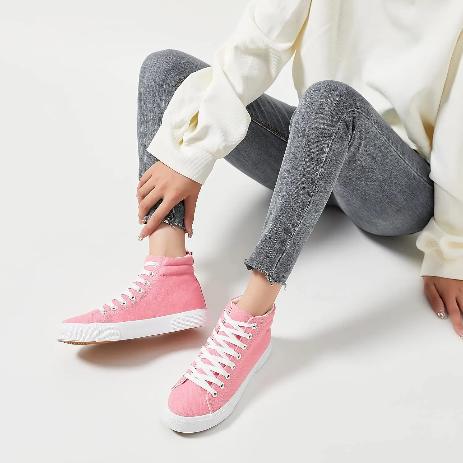yageyan Womens High Top Canvas Sneakers Fashion Classic Shoes Comfortable White and Black Walking Shoes