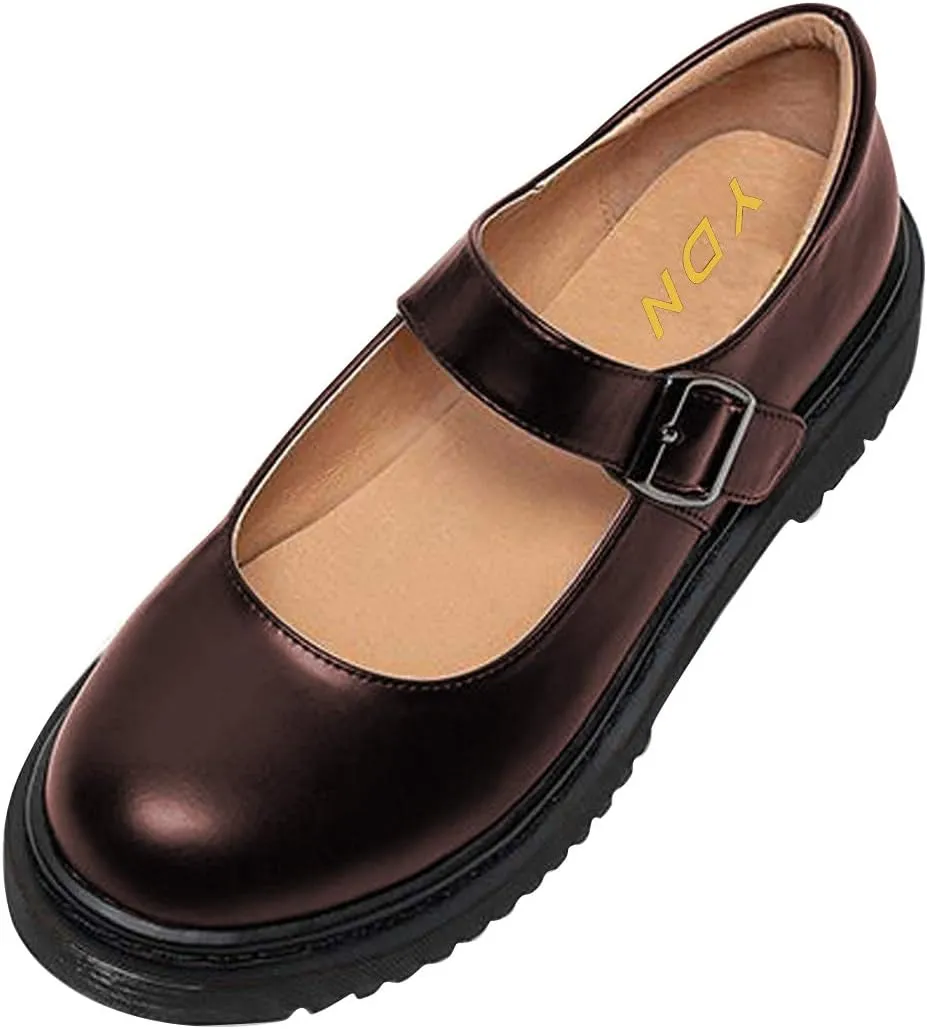 YDN Women Classic Round Closed Toe Mary Jane Flats Platform Adjustable Single Ankle Strap Buckle Comfy Cute Pump Leather Patry Cosplay Girls Dress Shoe Size 4-16