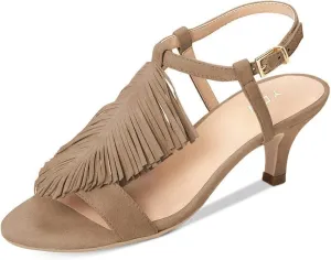 YDN Women Kitten Heel Fringes Slingback Sandals Open Toe Ankle Strap Dress Shoes with Buckle