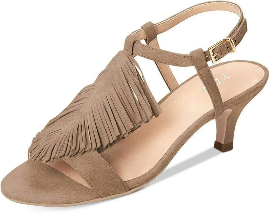 YDN Women Kitten Heel Fringes Slingback Sandals Open Toe Ankle Strap Dress Shoes with Buckle