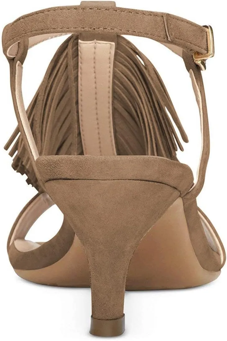 YDN Women Kitten Heel Fringes Slingback Sandals Open Toe Ankle Strap Dress Shoes with Buckle