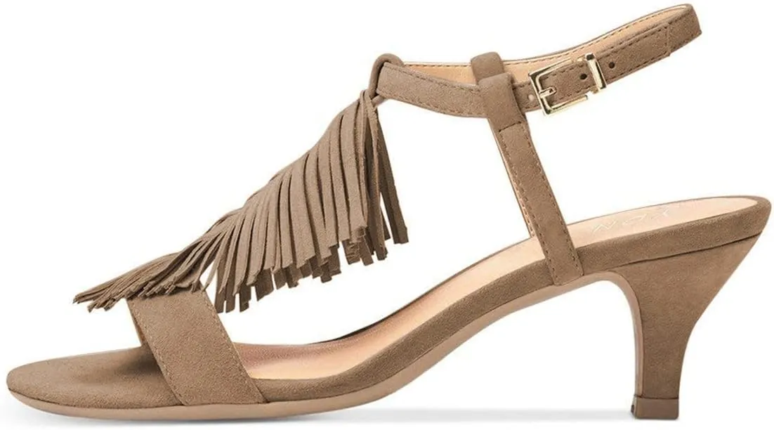 YDN Women Kitten Heel Fringes Slingback Sandals Open Toe Ankle Strap Dress Shoes with Buckle