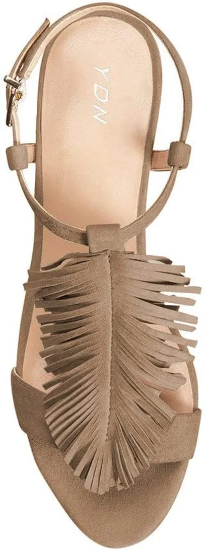 YDN Women Kitten Heel Fringes Slingback Sandals Open Toe Ankle Strap Dress Shoes with Buckle