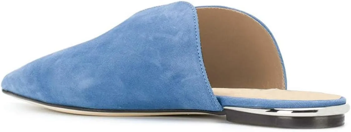 YDN Women V-Cut Pointy Toe Low Heel Mules Slip on Loafers Flats Sandals Suede Sliper Shoes