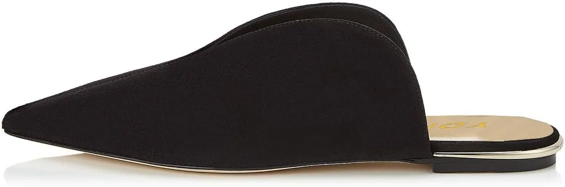 YDN Women V-Cut Pointy Toe Low Heel Mules Slip on Loafers Flats Sandals Suede Sliper Shoes