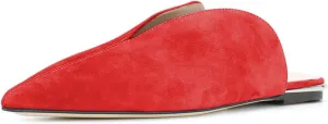 YDN Women V-Cut Pointy Toe Low Heel Mules Slip on Loafers Flats Sandals Suede Sliper Shoes