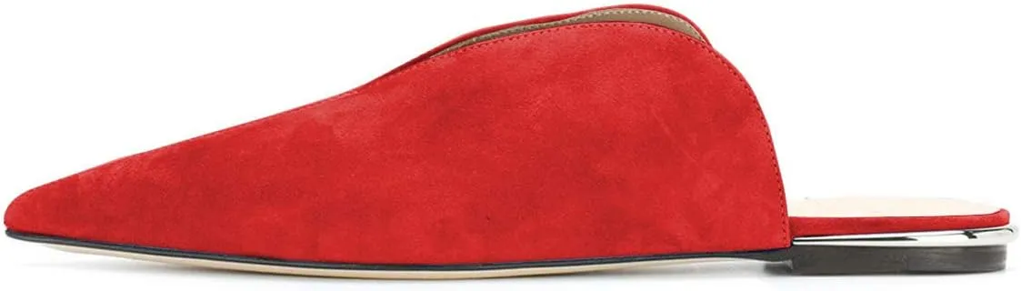 YDN Women V-Cut Pointy Toe Low Heel Mules Slip on Loafers Flats Sandals Suede Sliper Shoes