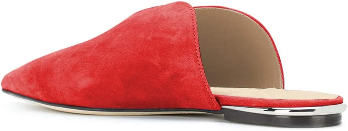 YDN Women V-Cut Pointy Toe Low Heel Mules Slip on Loafers Flats Sandals Suede Sliper Shoes