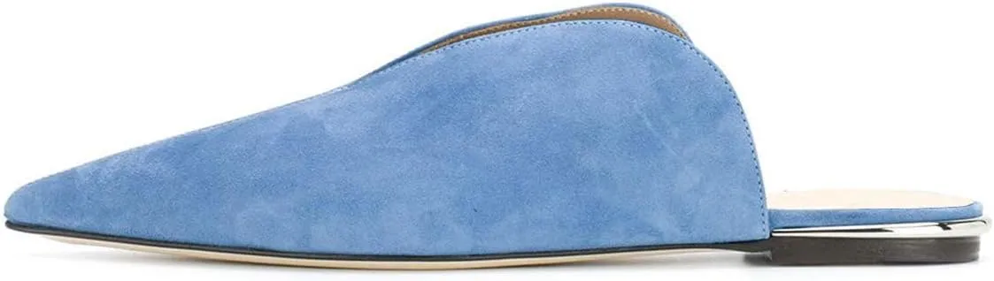 YDN Women V-Cut Pointy Toe Low Heel Mules Slip on Loafers Flats Sandals Suede Sliper Shoes