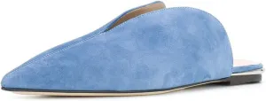 YDN Women V-Cut Pointy Toe Low Heel Mules Slip on Loafers Flats Sandals Suede Sliper Shoes