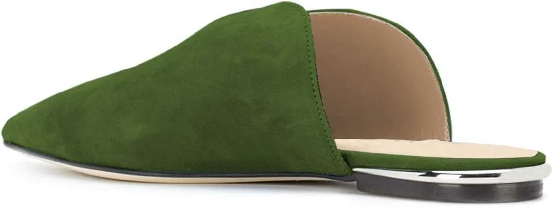 YDN Women V-Cut Pointy Toe Low Heel Mules Slip on Loafers Flats Sandals Suede Sliper Shoes