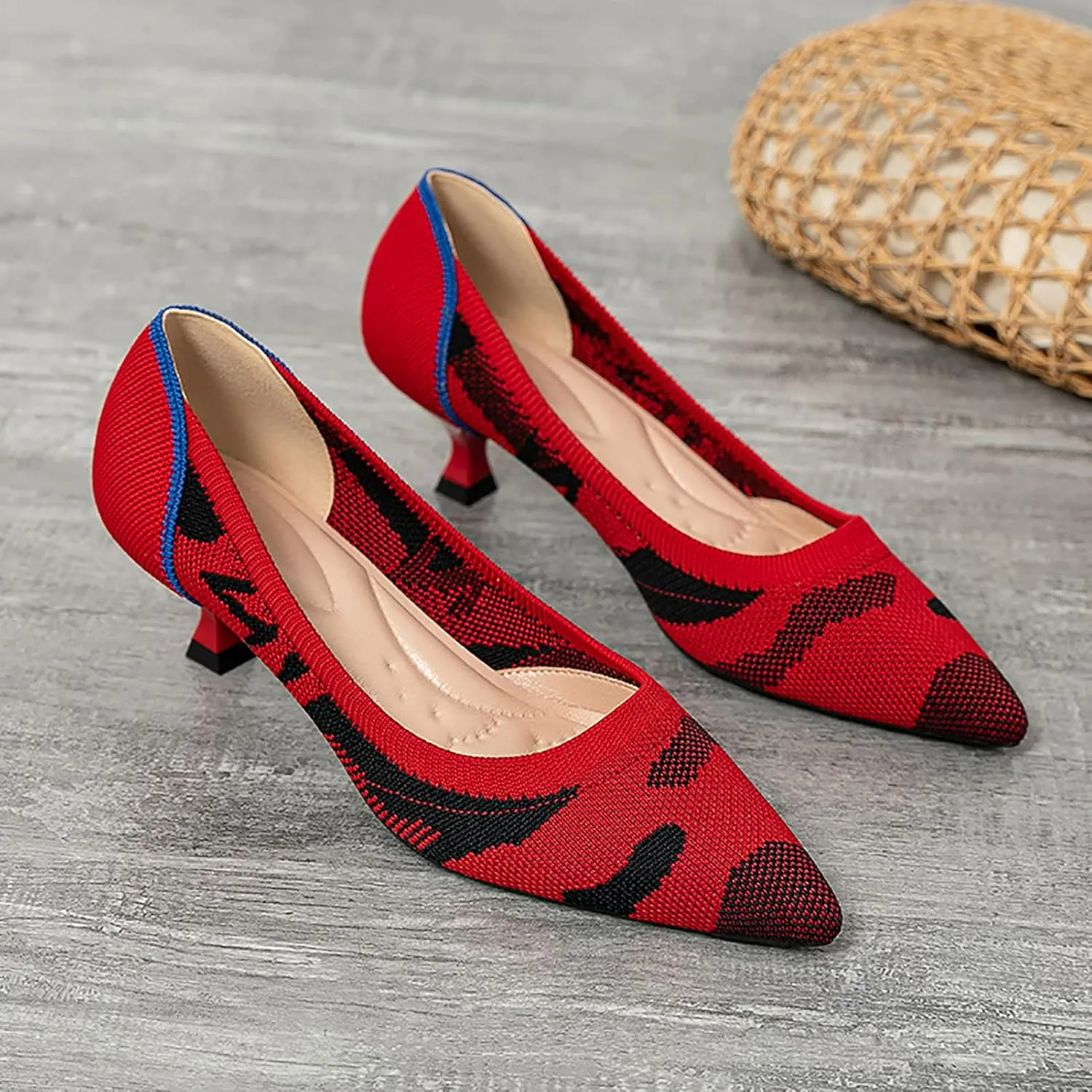 youngshow Women's Pumps Kitten Heels Pointed Toe Knit Slip On Comfortable Casual Formal Dress Shoes