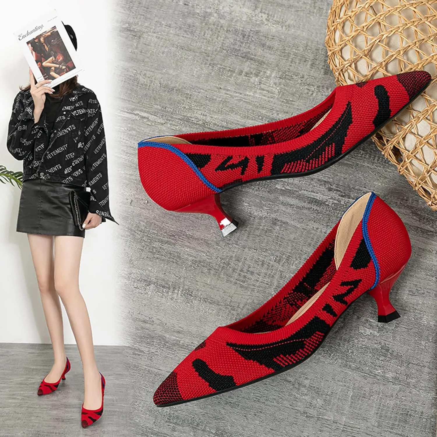 youngshow Women's Pumps Kitten Heels Pointed Toe Knit Slip On Comfortable Casual Formal Dress Shoes