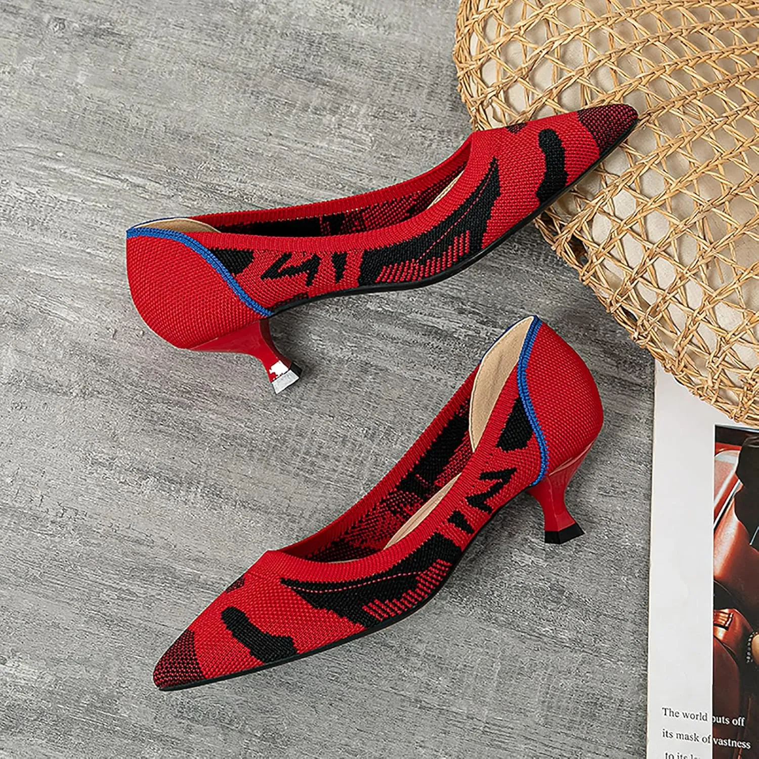 youngshow Women's Pumps Kitten Heels Pointed Toe Knit Slip On Comfortable Casual Formal Dress Shoes