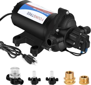 YOUNGTREE 110V Industrial Water Pressure Diaphragm Pump 4.0GPM 50PSI On Demand RV Electric Water Transfer Pump 110Volt AC with Garden Hose Adapters for Irrigation Home Pool Draining Sprinkler